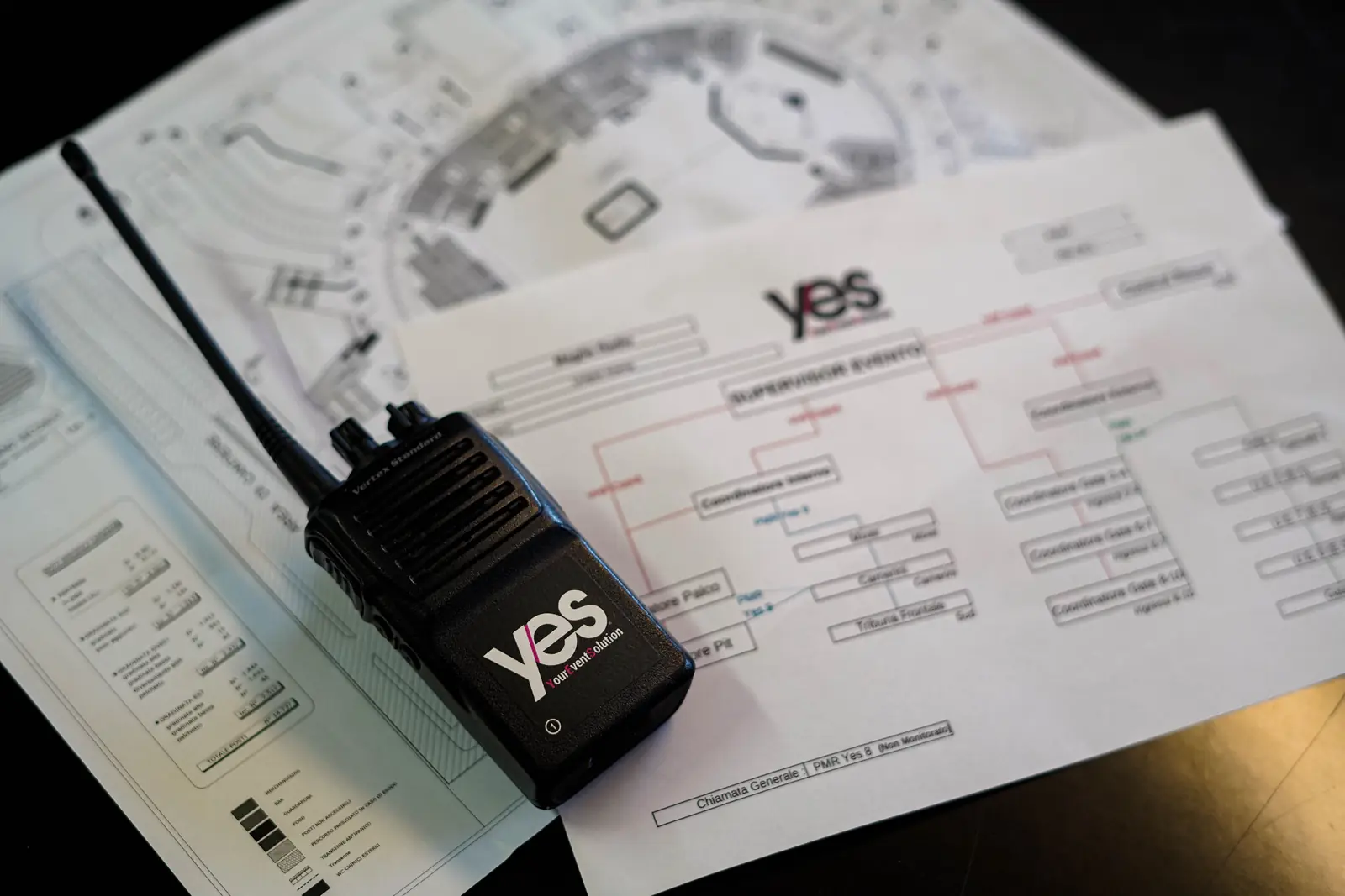 Una radio YES appoggiata sull'organigramma del servizio di un evento, con il logo YES sui fogli